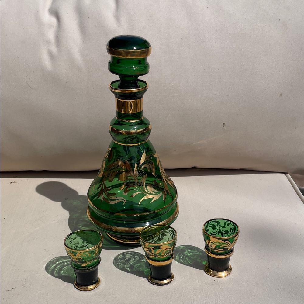 Green Glass Decanter Set with Gold Gilding